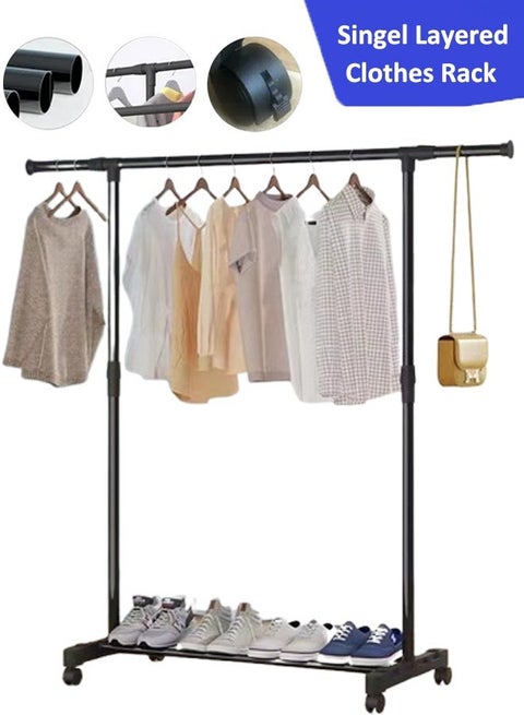 Clothes Hanger Organizer, Singel Layered Clothes Rack,Store and Organize Clothes,Portable Wardrobe Rack,Movable Clothes Rack with Swivel and Lockable Wheels,for Bedroom Laundry Living Room, Black